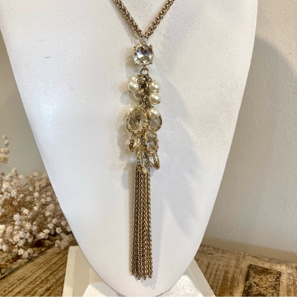 WHBM Gold Tone Tassel and Chain Necklace Faux Crystals Faux Pearls Long - Picture 3 of 13